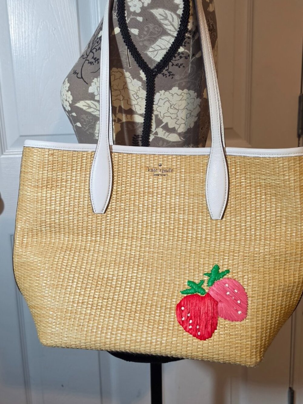 Kate Spade Straw Tote with White Handles & Strawberry Embroidery